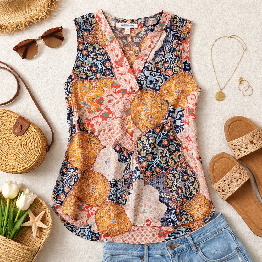 Rose & Olive Multicolor Floral Patchwork V-Neck Tank Top